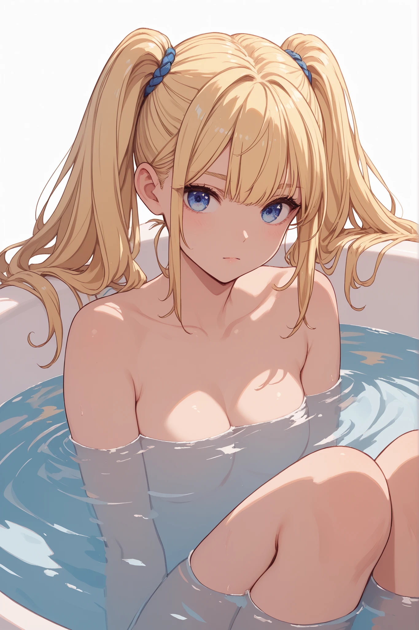 ((1 girl, alone, alone, ai hayasaka, bangs, blue eyes, blonde hair, hair ornaments, side lock, side ponytail, Scrunchie, big breasts, flushed cheeks, naked, naked体))