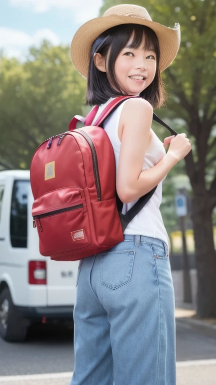 uma mulher linda sentada em uma caixa com uma mochila vermelha em cima dela, usando mochila de morango, com uma mochila, mochila, uma mochila, foto de retrato, Retrato no meio da foto, Fotografia de paisagem, Mrbeast, Coral Vermelho, Close portrait, tiro ambiental, advertising photo, roupas esportivas vermelhas, she is wearing streetwear, h 7 0 4, foto do produto, red neon details