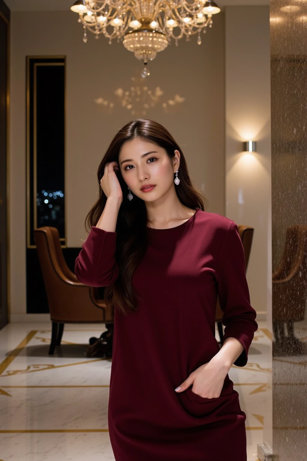 masterpiece, Best quality, Skinny Japanese woman, 40 years old, sexy nightwear, on the bed in a hotel room, correct body structure, slight smile, perfect face, detailed face, detailed eyes