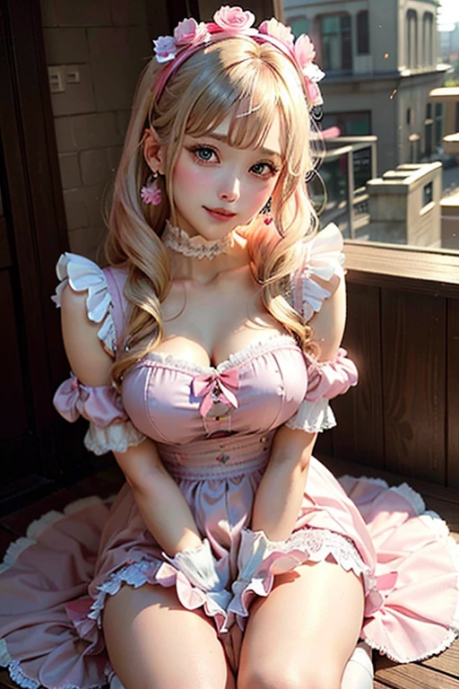 Highest quality,masterpiece,Ultra-high resolution, Very detailed, 8K,14 year old beautiful Japanese woman:1.5, Small face, blunt bangs, ((Woman crucified on the cross:1.5, Breast Augmentation Surgery)), (Pink Magical Girl Heroine Costume with Detailed Glamorous Lace:1.5)
