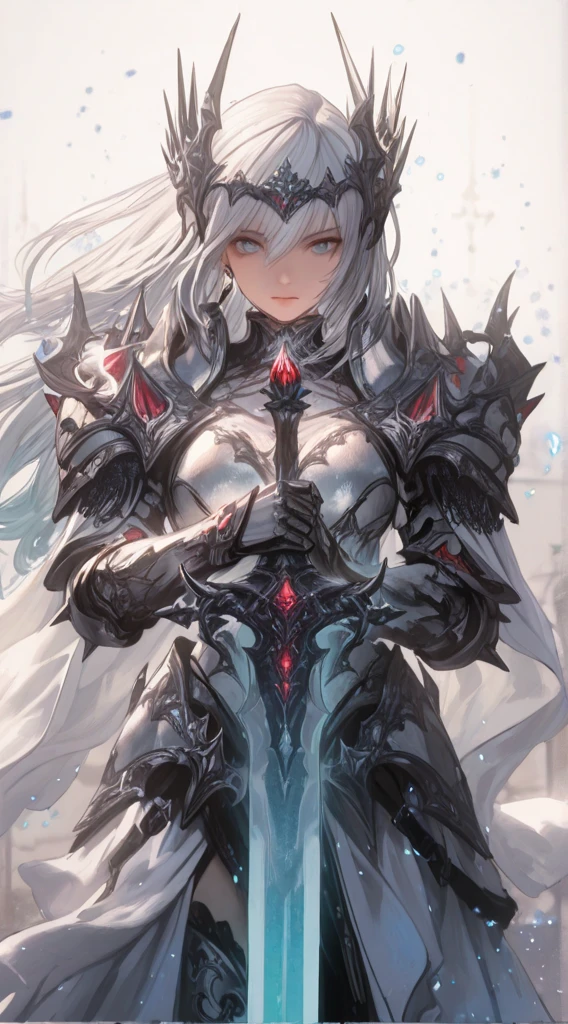 ((highest quality)), ((masterpiece)), ((hyperrealistic)), (solo), 1girl, ((curvy)), ((Tight and digging into the skin: 1.2)), perfect face, ((Azur Lane)), ((armored dress)), ((white paladin armor)), ((skin-tight pantyhose leotard: 1.4)), ((white Plate Armor breastplate)), ((skin-tight black Investigator Bodystocking)), ((large pauldron)), (white long gauntlet gloves), ((light blue long straight hair)), ((Big boobs that are about to burst)), (pantyhose thighs), ((Knee-high boots on the white tight skin that digs into it)), (high heel boots), ((see through cleavage cutout)), (Holding a long spear), zettai ryouiki, Perfect and beautiful dark blue eyes, Perfect hands, perfect fingers, luxurious goldsmith spear, makeup, cowboy shot, dynamic pose