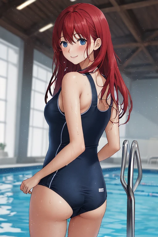 room, 1 Girl, Highest quality, Ultra-high resolution, Long Hair, Redhead, Green Eyes,Looking at the audience, Small breasts , Shy face、Watery eye, Open your mouth、Cowboy Shot、Navy school swimsuit、Pool