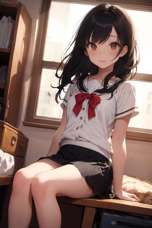 ((highest quality)), ((masterpiece)), (detailed), 完璧な顔Arab-asian woman lying on bed in Open white shirt and twisted black skirt, Japanese girls uniform, Surreal , JK Open Uniform, cute , Open, Surreal , Japan Open uniform, Japanese School Open Uniform, Korean Girls, Wearing an Open ,Mid-breasted、 outside、, Realistic woman, 