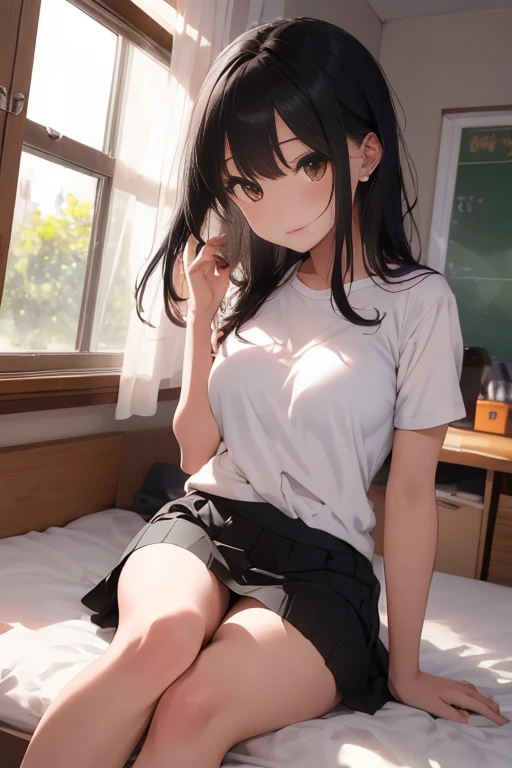 Detail image, realistic image, 1 elf. She has long black hair, beautiful turquoise eyes, has a delicate oval face, small breasts and a curvaceous body, thick thighs. she is blushing, She is wearing a crop top, pleated mini micro skirt, moccasin slippers. sitting,,, arched back, view from below. on top of a bed, bottom of a room.