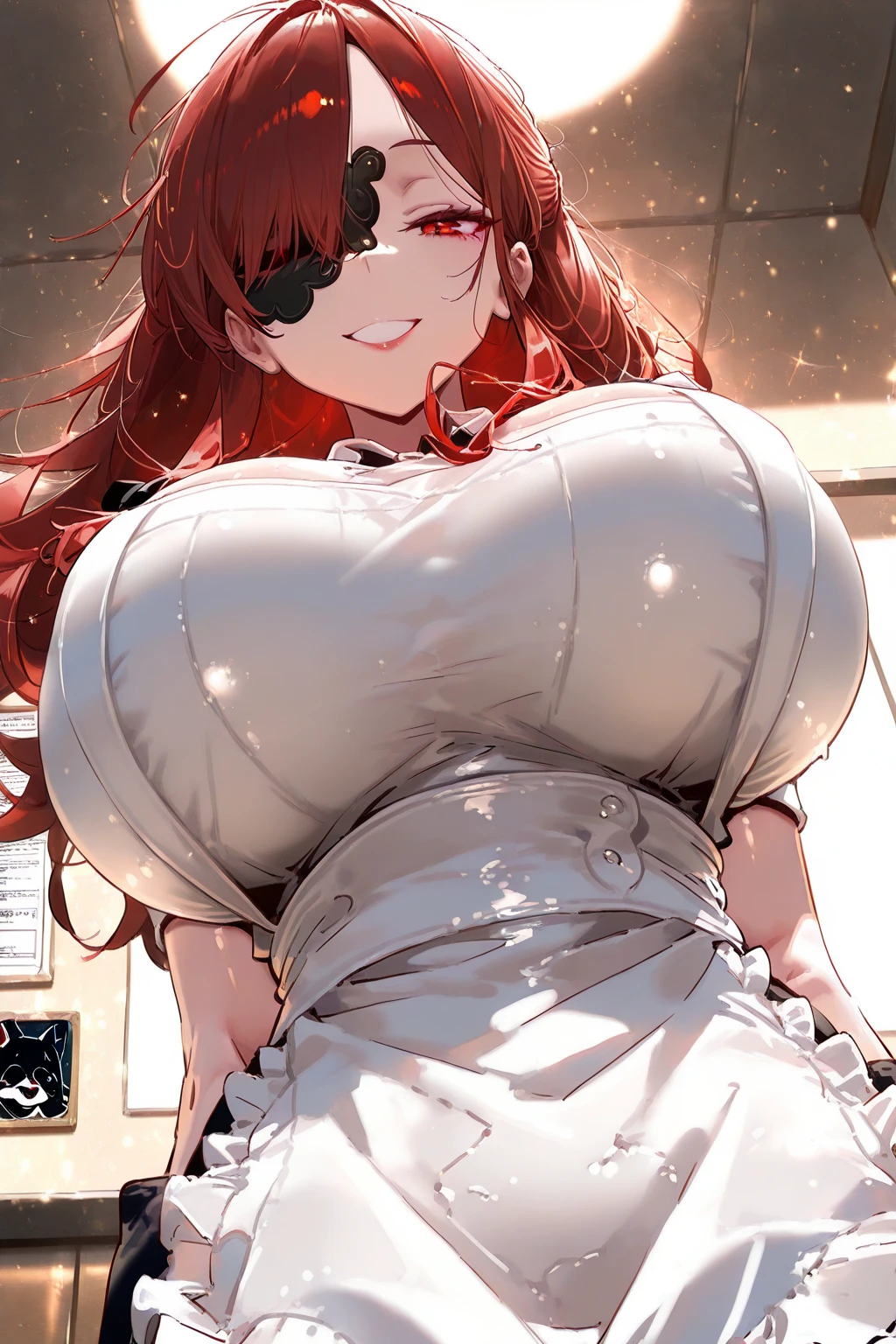 score_9, score_8_up, score_7_up, source_anime, best quality, clear face,Uta,half white half red hair, purple eyes, long hair, large breasts, perfect body, standing, looking at viewer, showing tongue, only wearing white dress, dynamic angle, indoor,blushing,embrassed,see though clothes,big boob,wet clothes