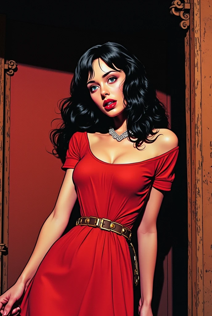 Artstation, by Frank Frazetta, by Simon Bisley, by Luis Royo, by H.R. Giger, by Ashley Wood, by Bill Sienkiewicz, by Ryan Meinerding, by Ian McQue, by Syd Mead, by Frank Frazetta bbw woman dressing in orange nightgown(green skin:0.8), Masterpiece, best quality, "Gothic Futuristic Seductress", Artstation, by Frank Frazetta. pale red skin:0.8), Masterpiece, best quality, "Gothic Futuristic Seductress", Artstation, by Frank Frazetta. The image should feature a mysterious, seductive woman in revealing red clothing such as light green dress or robe, sexy, posed full body in an otherworldly, gothic setting with skull pile in background. (big boobs, brow hair, 1970s styled brown hair with sexy eyes )