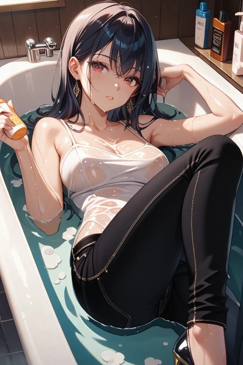 High resolution, beautiful women, high detail, good lighting, despicable, , (No nudity), (((jeans shorts))), ((tight leather top)), (((leather thigh high boots))), (garter belt), abdomen only, (wet shorts), (((Pee))), (Pee), urine stains, (puddle), (thick thighs), nice long legs, lipstick, detailed face, cute face, I&#39;Iは恥ずかしくて赤面します, humiliating, ((spread your legs)), ((Take a relaxing bath in the bright, large bath))((octopus))tentacle