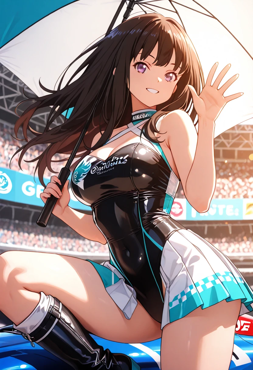 Unreal Engine 5 Realistic Rendering, cosplayer, Race Queen、Uniform with logo、 Exquisite beauty、Beautiful face, Body shape of slim model, shiny, wet shiny body, shorth hair, Multicolored inner color hair, dark brown skin, neons、Large crowds、audience、Forming an emperor、Drag racing、Midsommar Racing Circuit、racing car、Lower grade、Large crowds、Spectators、