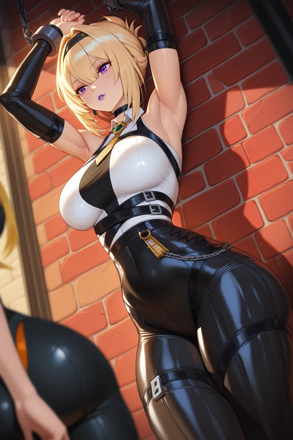 Seras victoria, laying down on table, hellsing ultimate, harness, blue eyes, (((red eyeliner makeup))), ((sadistic grin))), flair cut hair, ass