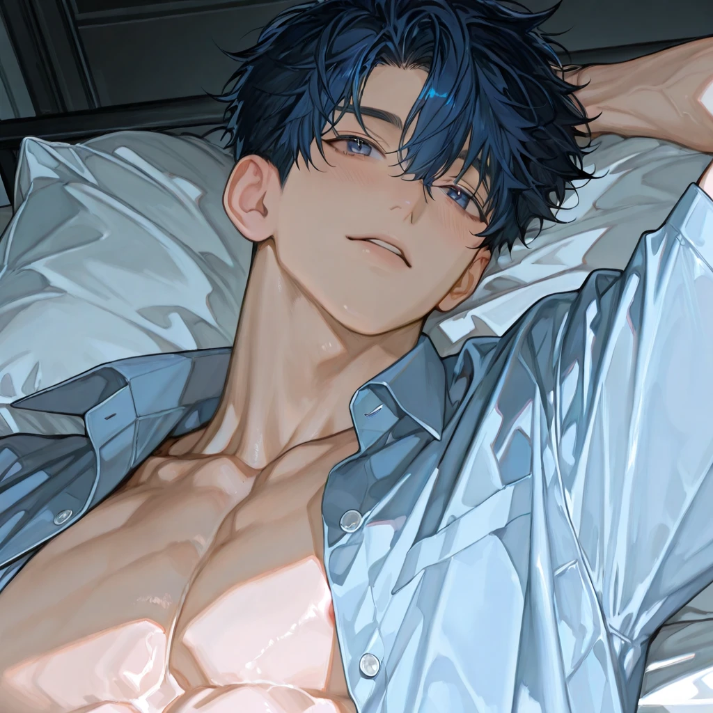 absurdres, highres, ultra detailed, HDR, master piece, best quality, extremely detailed, Yoo Joonghyuk, black hair, expressive gray eyes, Omniscient Reader's Viewpoint, solo, sexy man lying on a bed, handsome, bare chest, toned chest, black pants, fantasy, sparkling, blue glittering fireflies, blue moon, blue blossoms, blue chrysanthemums, blue sparkling lights, magical, bed, room