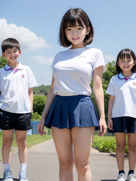 Two 10-year-old Japanese elementary school girls, 115
cm tall and super enormous-breasted, (super enormous breasts), are walking to school wearing Baby blue micro mini skirt, Baby blue tank tops and carrying school bags,