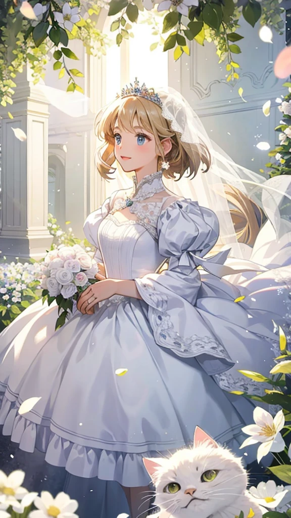 Night time,(Masterpiece), Best Quality, ultra-detailed, 1girl (eri,  Slender and sexy body, big and pretty breasts, brown hair, chignon, brown  eyes, empty eye, spectacles), blank 
face ,parted lips, mascara, full makeup, red lipstick,  facing viewer, looking at viewer, solo, white wedding dress,   dress, long dress, white veil,bouquet grab  , bows, in the  livingroom, standing,  , Front view , Full-body 