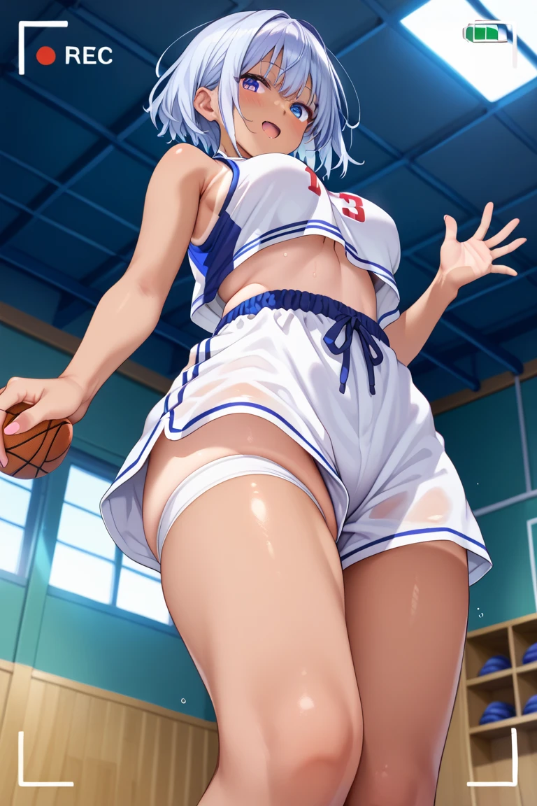 woman,25 years old,brown hair,White and blue silk basketball uniform,short hair,blue eyes,Mansuji, laughter,,I can see your underwear,Full body Esbian, (close shot, highest quality, High resolution, 4k, detailed lighting, shader, NSFW),  smile,  ( blush:1.2),spread your legs wide,(((spats)))(wet state)