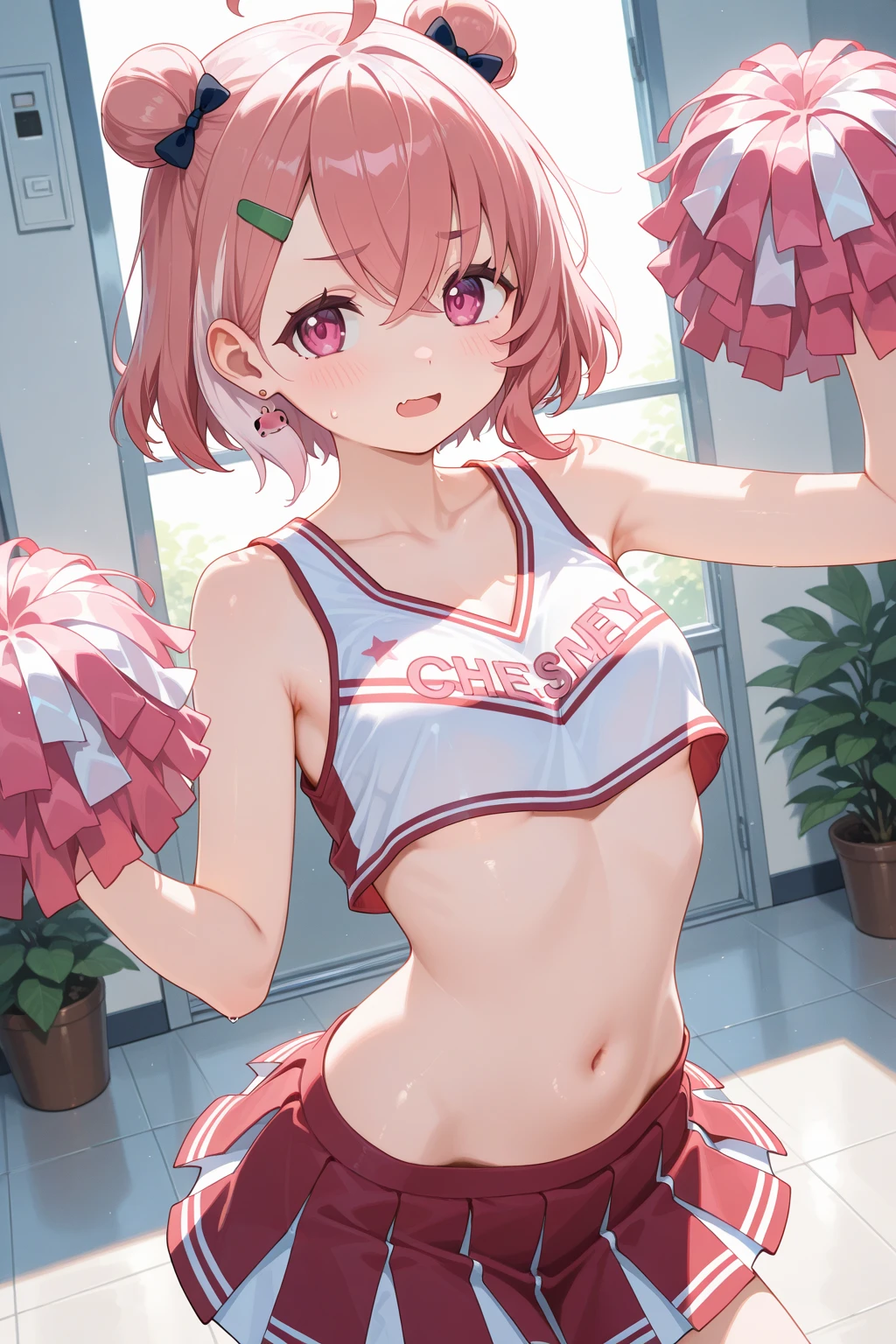 (((Pixel Perfect, Perfect detail))), (1 girl, alone), Chisato Nishikigi, short hair, bangs, Blonde, (Red eyes:1.5), Hair Ribbon, One side up, Bobcut, belly button, Exposing shoulders, Thighs, Cheerleader, I&#39;m rooting for you, Large Breasts, (Between the breasts:1.3), (Showing panties:1.3), smile, whole body