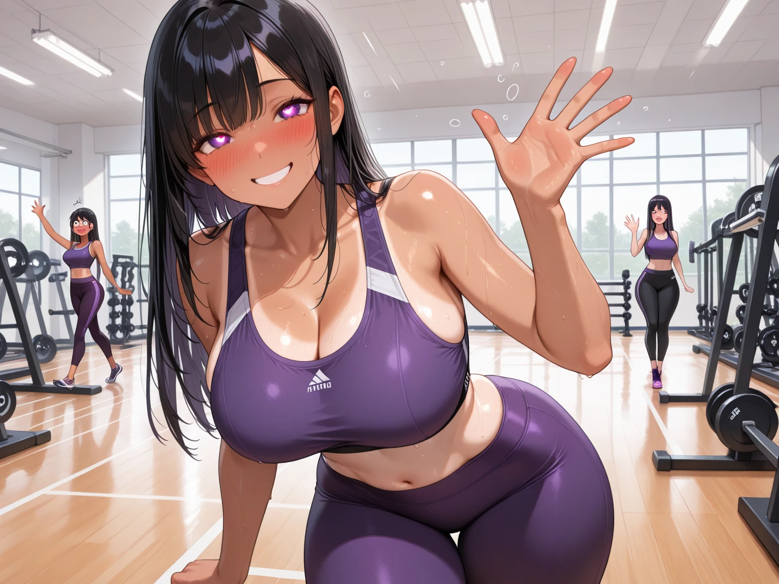 gym, workout, hot, hot, sweating, sweaty, tan, big , tan skin, flustered, blush, running in yogapants, running, hot pants, black hair,purple top, purple shirt, treadmill, running on treadmill, purple clothes clothes, see thru, purple pants, yoga pants,, on treadmill, (((inside gym))), curvy woman, huge , sexy, on treadmill, curvy woman, , solo woman, jogging, taking a jog, running, (((front view))) long pants, long yoga pants, purple shirt, purple top, purple pants, purple gym outfit, white gym, white background, gym, purple top, pink top, purple top , running, dynamic running pose