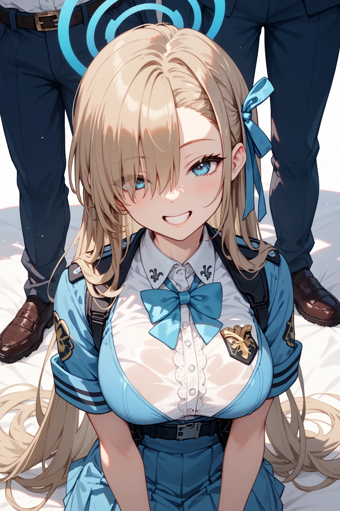 ((highest quality、High resolution、masterpiece))、Blonde、Cosplayer Beautiful Girl、skirt、Embarrassed face、Focus on the penis、(She gives a blowjob to a boy)、I&#39;m tempting you
