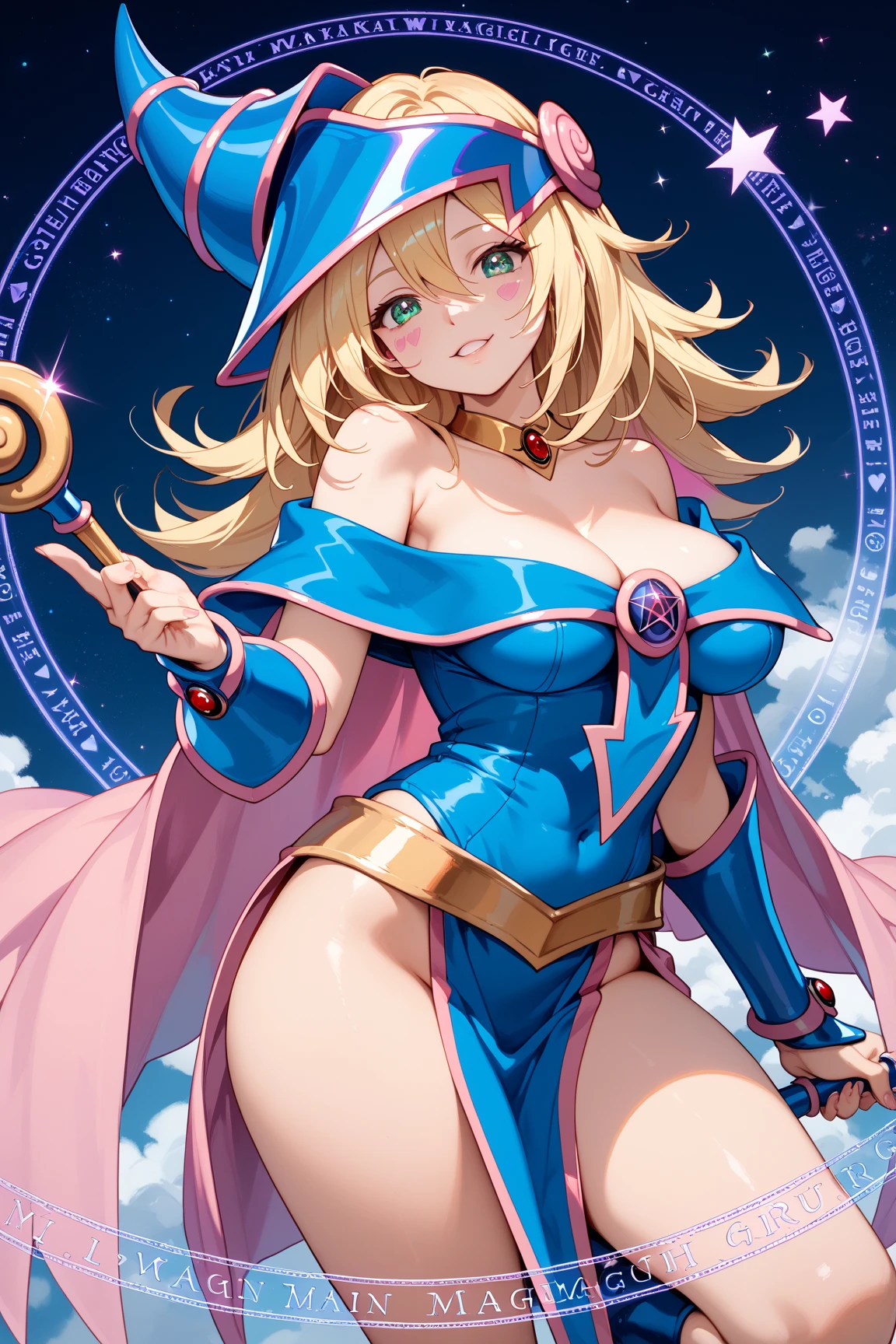 Anime anos 80 estilo, Small woman holding a magic staff with a sphere of energy floating on it, mulher baixa overflow, (huge breasts)angelic face, detailed eyes, (curvy body: 0.8)