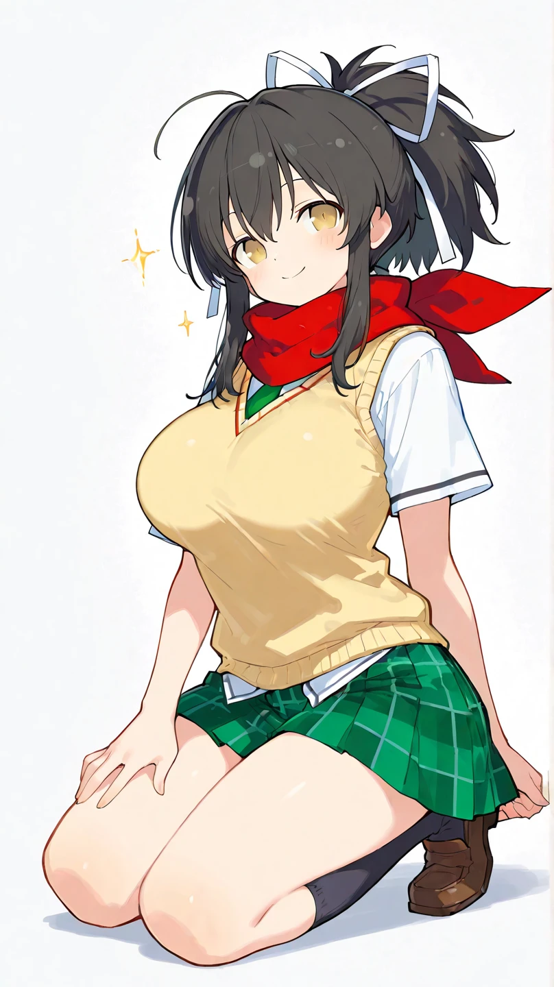 masterpiece, best quality,
asuka_sk, asuka_kunoichi_uniform, 1girl, short hair, ponytail, large breasts, wide hips, red scarf, hair ribbon, white ribbon, arm guards, light brown sweater vest, pleated skirt, green short skirt, black thighhighs, closed mouth, smile, happy, cowboy shot, front view, wooden wall, ultra-detailed, anime, senran kagura, 8k <lora:Asuka_SK_1_1-08:0.7:ALL>