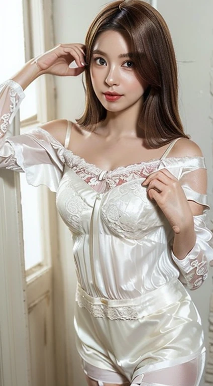 (The Ultimate Beautiful Japan Married Woman), 30s, hyperdetailed face, Detailed lips, (big eye:1.4), Double eyelids, Short brunette hair, (grin)、(White Molded Teeth), (cparted lips), ((Wear shiny silk nightgowns:1.4))、((large full breasts)), thighs thighs thighs thighs、(Cowboy Shot:1.3), Perfect fit, depth of fields、Perfect image realism, Background with:((on the bedroom))、Meticulous background, detailed costume, Perfect litthing、Hyper-Realism、Photorealsitic、8K maximum resolution, (​masterpiece), ighly detailed, Professional