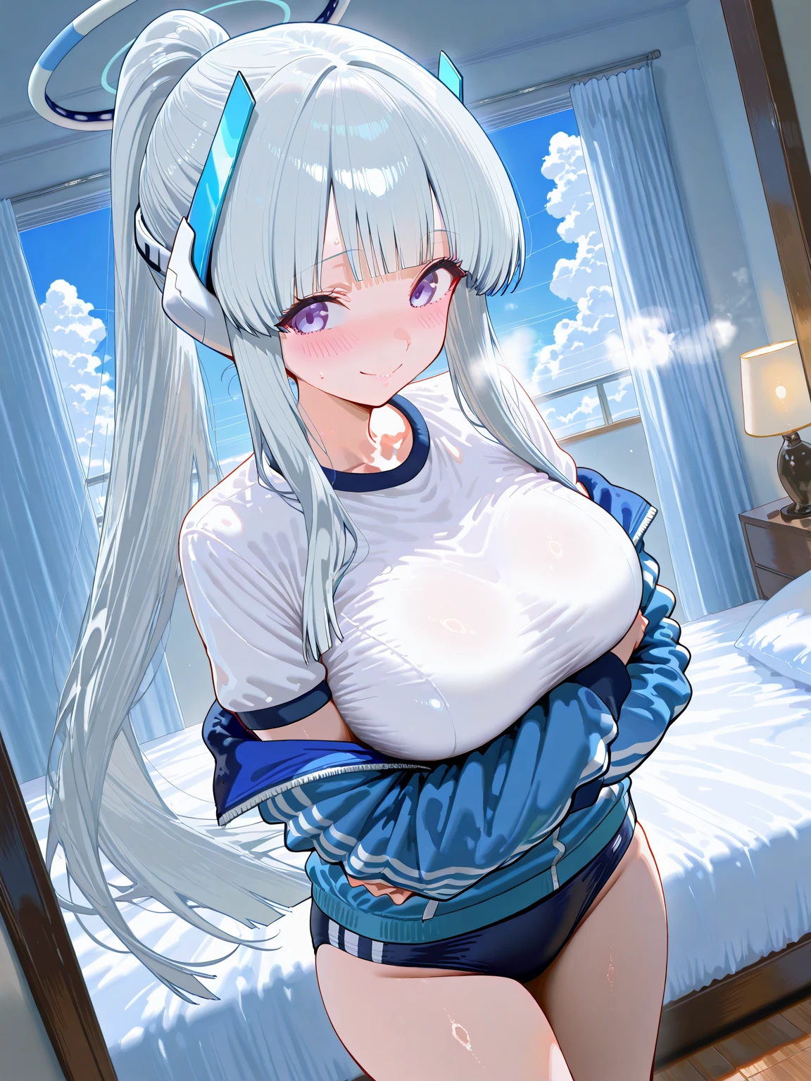 (((masterpiece))), ShizukaMikazuki, One Girl, alone, View your audience, Long Hair, Gray Hair, Long sleeve, Cleavage, (Huge breasts),clavicle, Mature Body,Glamorous Body,Trained abdominal muscles,Make your face a little smaller,Make your breasts bigger,tall,Blushing,Blouson, Open clothes, open Blouson, blue Blouson,nude,Exposed nipples,Exposed Pussy,Pie Ponytail,Play sports often, Choker with charm,Earrings,Detailed expression of fingers,Laugh naturally,blue eyes,Close one eye,Bed with night view,look at the camera,Sweat all over,Bring your face closer to the camera,Close one eye with a relaxed expression of contentment, Take the photo at an angle,Sit on the bed with your legs crossed and your back arched, looking over your shoulder with a confident expression