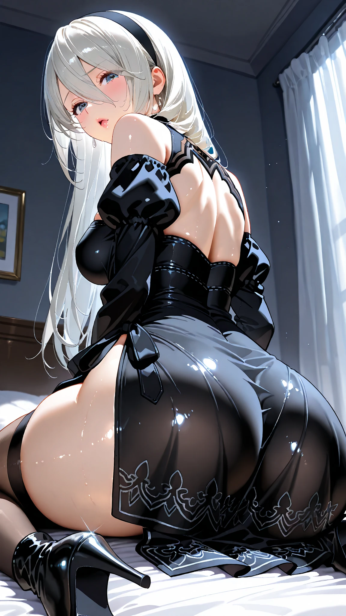 beautiful girl, Gray Hair, blue eyes,blue eyes,Black underwear with white lace, Big Tits、to close range、Blue earrings、Blue Necklace、((Show your ass:1.5))
