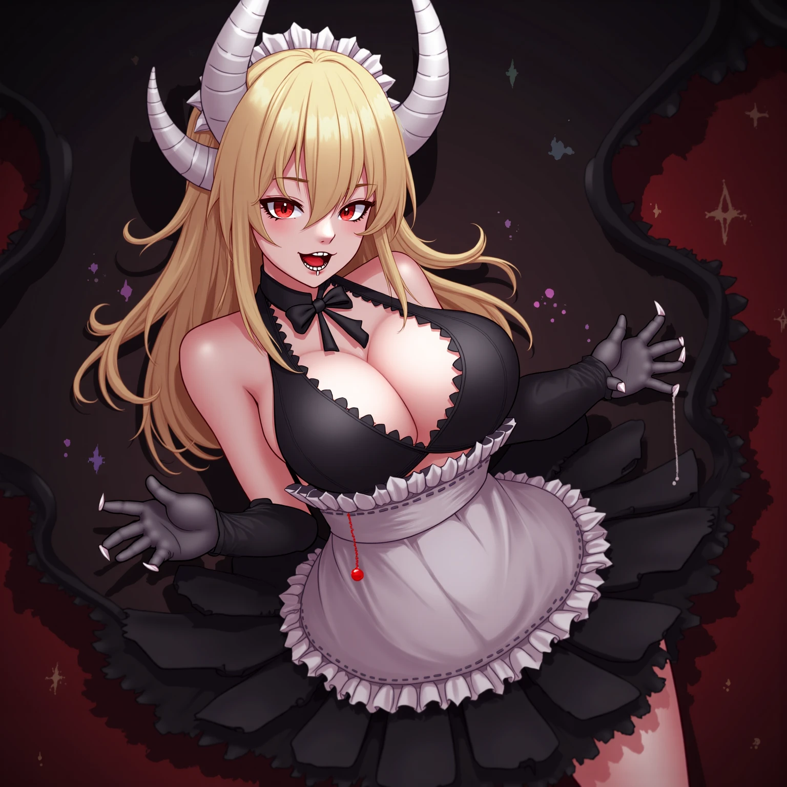 Masterpiece, very detailed, ultra detailed, one, (1 female maid), she is in a maid costume, and in an elegant position, super mature, tall, milf, mature mother, super long hair, golden hair, with ultra-golden hair and combed on the sides, golden dragon horns, yellow dragon wings,  beautiful, charming, glowing blood-red eyes, elegant, big breasts, kind face, charming, bright red background, dead atmosphere, against the background of zombies.