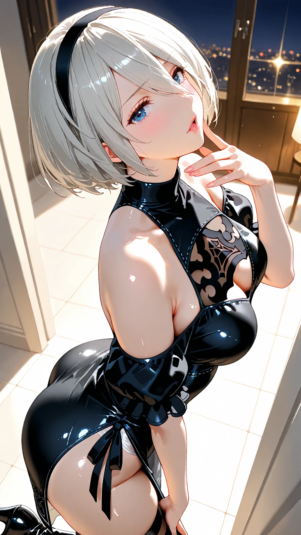 Highest quality、(Bunny girl)、tights、High heels、Glossy Bunny Suit、((Bend your elbows and place your hands on the floor))、Attach your elbows to the floor、Attach the chest to the floor、Place your knees on the floor、Spread your knees wide from side to side、Fold your arms in front of your face、No background、Silver short hair、Beautiful Eyes、Beautiful Face、Delicate eyes

