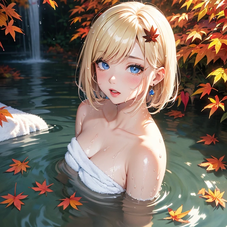 blonde、short hair、girl１、close up of face、hot spring、landscape、Look at this、topless、stretch both hands forward