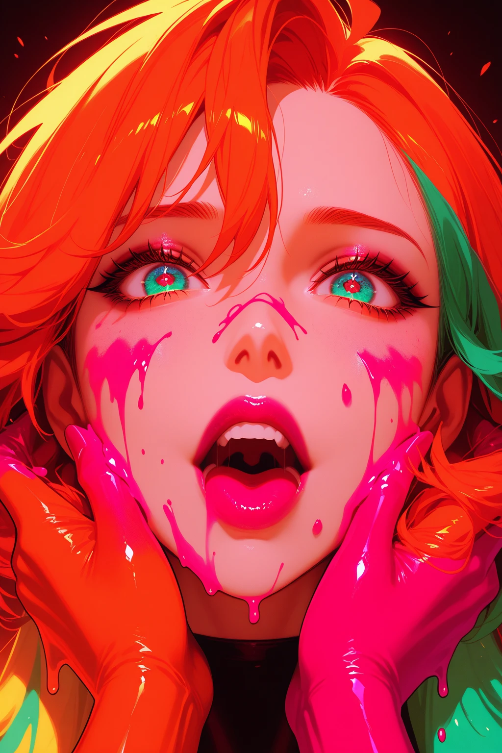 (Seductive psychedelic horror:1.5), Trippy Hentai, body horror, (having sex:1.2), (2girls), (huge flopping breasts:1.2), (visible nipples:1.3), surreal Sex, LSD trip, (Smiling, Eyes Rolling:1.2), sensual, psychedelic vaginal sex, provocative, colorful, glowing, perfect vagina, (vaginal penetration:1.2), (getting fucked roughly:1.2), orgasm face