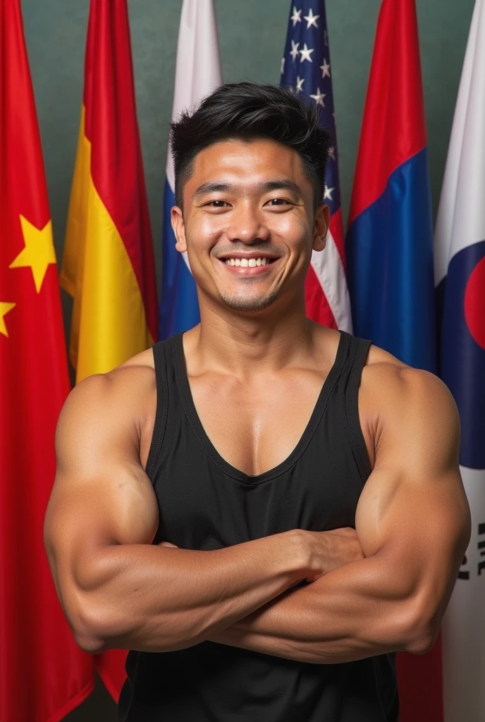 1 Chinese man 2 He holds a flag 8 meters long and it is the flag of China 3 he has a black background 4 he has six-pack abs 5 he has tattoos of Chinese dragons 6 he has stuffed pants with Chinese dragons 7 The pants have colors that represent China 8 He has black shoes 9 he is very attractive
