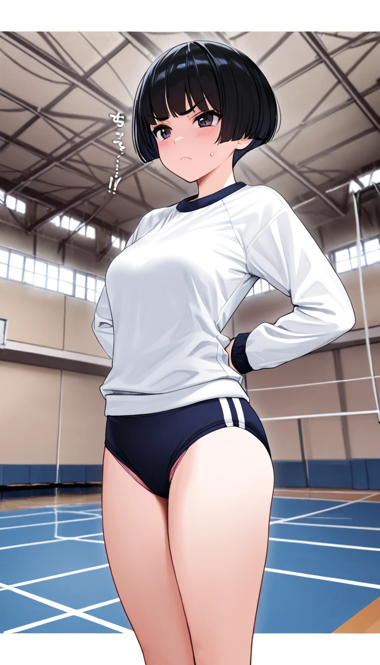 Anime girl sitting cross-legged on the floor, anime girl squatting, Beautiful anime girl squatting, 4k, seductive anime girl, Also, a-1 photo, Smooth anime CG art, kneel down!!, anime moe art style, [ 4k digital art ]!!, Gym suit、bloomers, black hair、shortcut、gymnasium warehouse、young face、baby face、(spread your legs)、camel toe, naughty anime style, anime girl squatting, Beautiful charming anime teen,  surreal