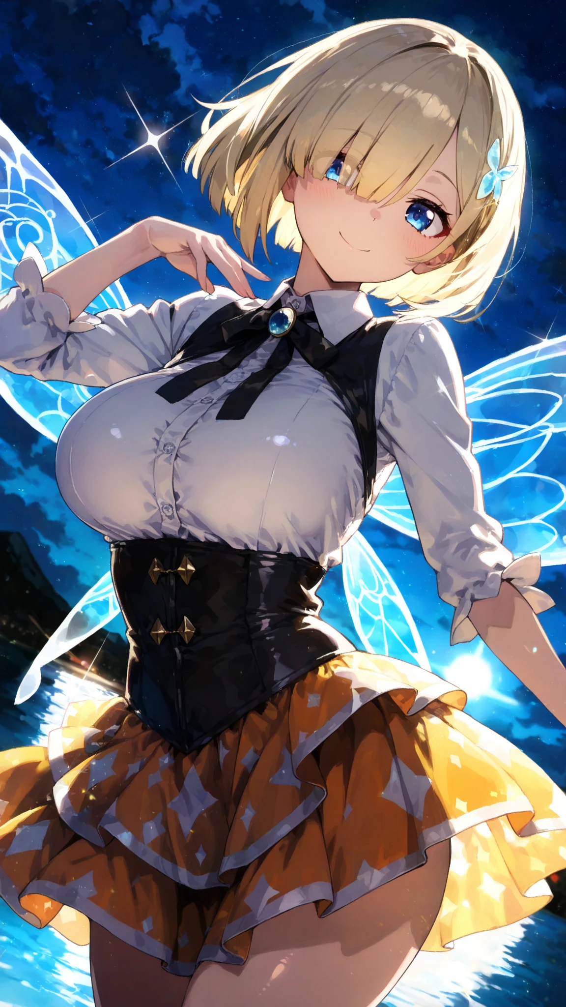 1girl,solo,antennae,black hairband, (long blonde hair),hair between eyes,hair flower,hair ornament,hairband,smile,red eyes,open mouth,(huge breasts:1.2),cleavage,(butterfly girl),butterfly wings,crazy straw,day,dress,flower,grass,high heel boots,light blush,long sleeves,looking at viewer,outdoors,short hair,thigh boots,blue sky,cloud,