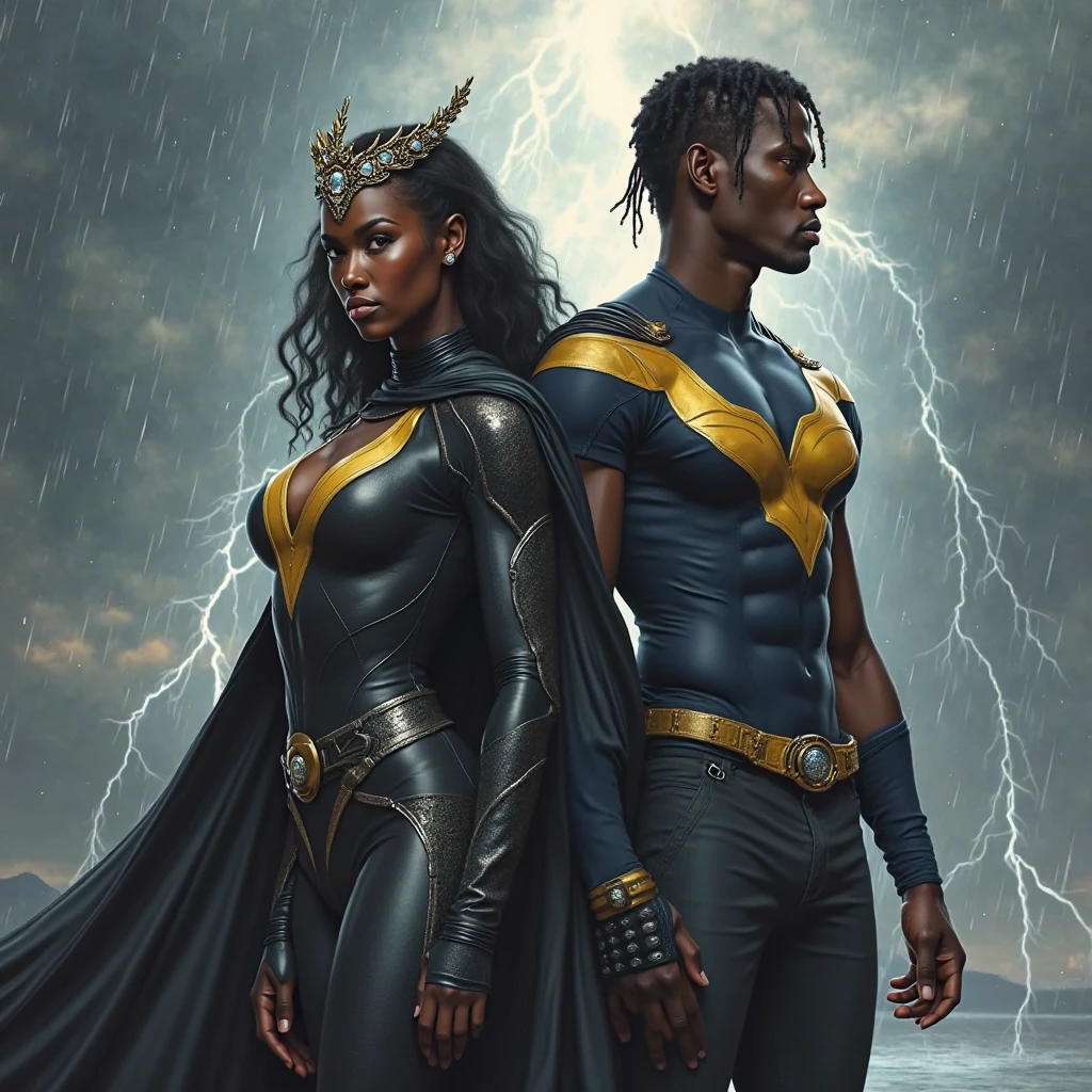 Superhero, black man, tall, big muscular body, strong, glow green eyes, Africa superhero costume. Voluptuous Android 18 fall in love and kisses with black man in romantic way.