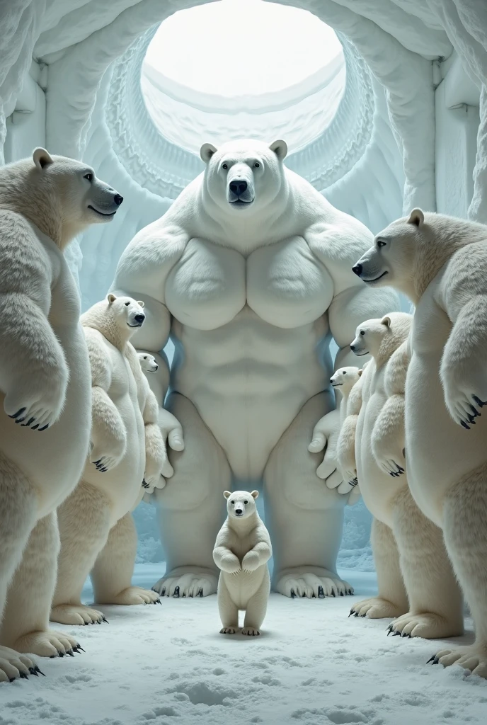 (masterpiece, highest quality), close up angle view cinematic, inside a large old temple inside a cave is a giant polar bear and the tiny villagers holding torches look up with fear