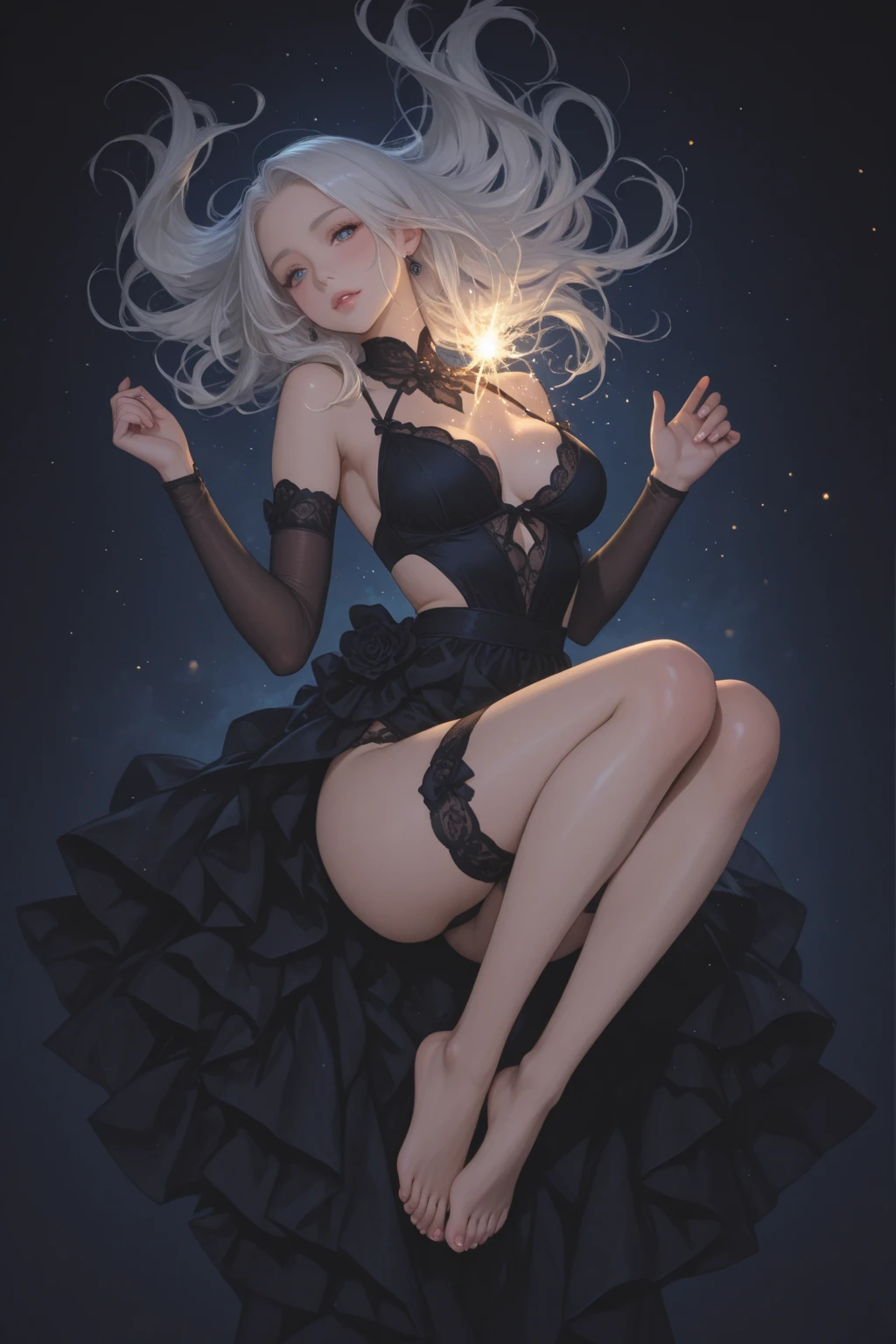 masutepiece、hight resolution、Gothic Lolita costumes、1girl with、9th class、Look at the viewer、smil、Okappa、(maximalism:1.5)、diffuse lighting、(depth of fields:1.8)、gothic lorita、Diffuse reflection of light、((Background ratio:65%)、high-heels、The background is a beautiful chandelier inside the castle、Glitter background、Beautiful stained glass museum、Angle from above the knee、Breasts are small and B size、A slender、Cleavage is visible。legs are thin and beautiful,the skin is white and transparent,high-heels、Gold Anklet、