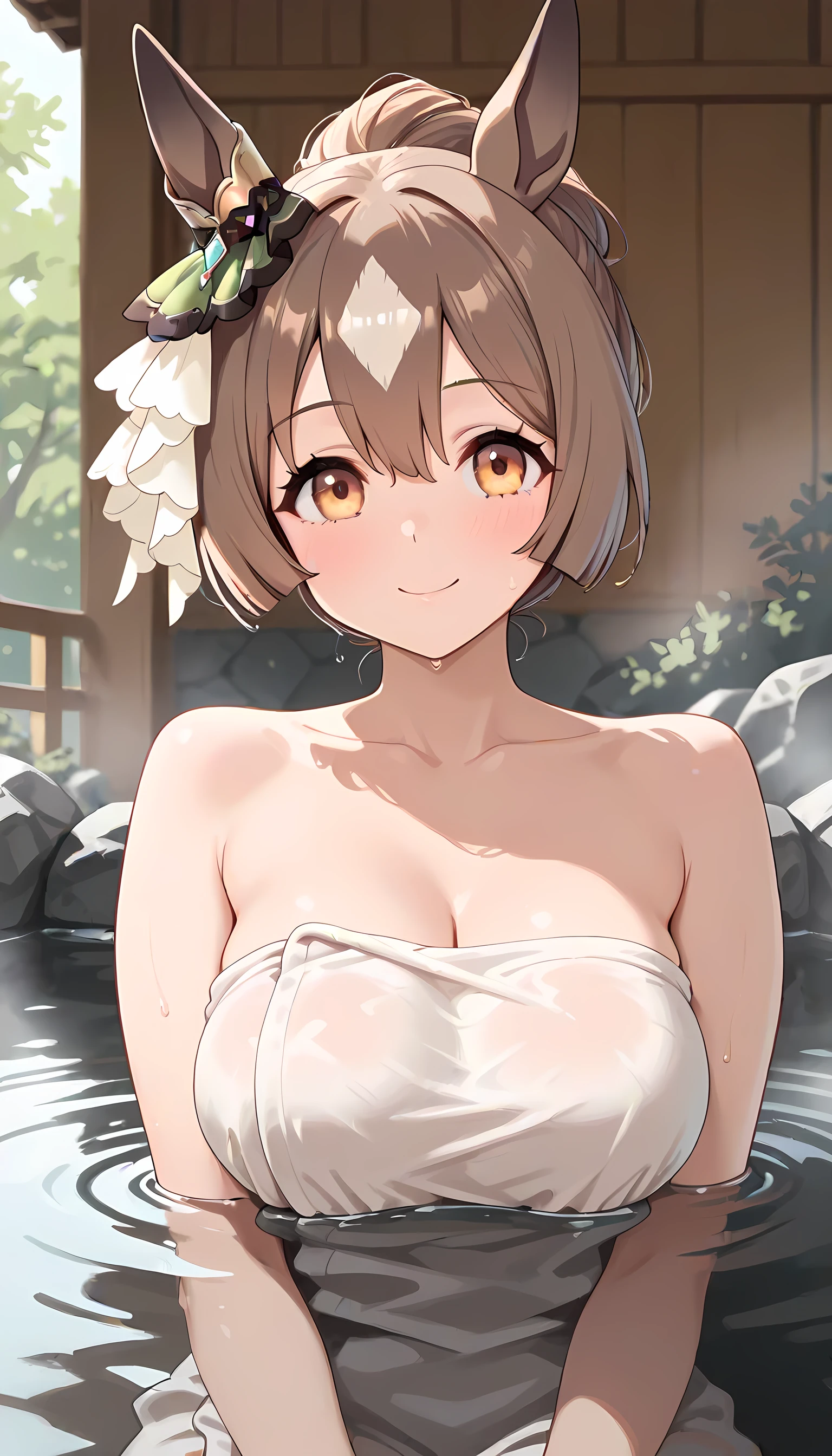 (cute anime:1.4)(perfect anatomy:1.2)(absurdres, highres, ultra detailed),masterpiece,best quality,high resolution,8k,Realistic face,Realistic skin texture,magnified textures, stunning clarity,detailed anime girl,(ultra detailed eyes and face),(cute face:1.3)(asian face:1.2),(beautiful face:1.3)(well-proportioned face:1.5)(14 years old:1.2),(babyface:1.2)、(very short hair)、tareme,light brown hair:1.2,glamor、(angry:1.5)(white micro bikini:1.6)(underlesss:1.7)short stature,(onsen:1.5),Steampunk in the Edo Period、(Vivid hieroglyph signs and street advertisements:1.2)、(smile:1.4)、hieroglyph,(tanned skin:1.3),big breasts,fit body,round face,