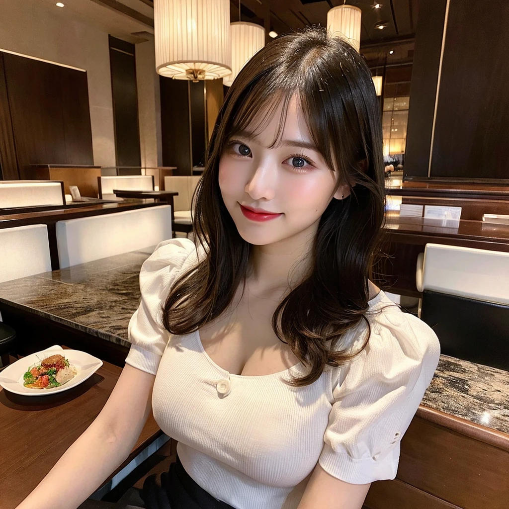 masterpiece、Japanese gravure idol、Red lantern、Yakitori restaurant、She sits across from the table、A woman with short black hair is drinking a cocktail across the table.、20-year-old、smaller hands、big breasts、beautiful feet、I can see the cleavage、There is a gap、She is wearing a white dress shirt and a black tight skirt.、diamond earrings in ears、A happy smile、laughing out loud、I can see white teeth、Delicate skin feel、shiny hair、8K
