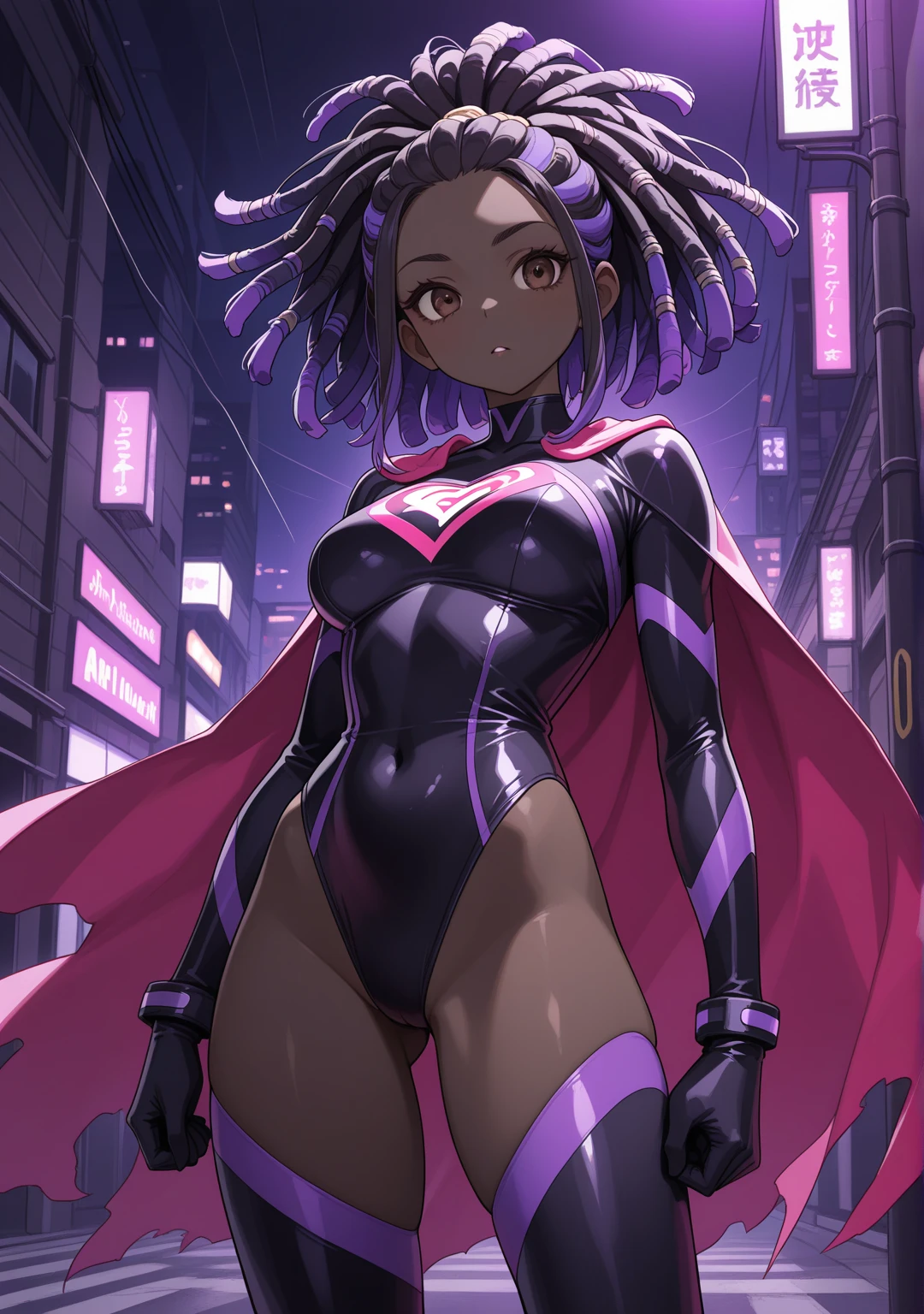 masterpiece, best quality, highres, 1girl, villain, leotard, purple leotard with gold accents, bare legs, (fastened tight gold belt), boots, ankle boots, bracelets, night sky, standing straight, hands on hip, infused with powers, cityscape, searchlights, black hair, short hair, bob hair, tiara, purple eyes, beautiful detailed eyes, perfect hands, solo, solo focus, evil grin