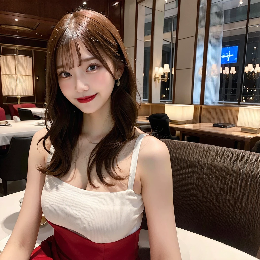 22 year old Indonesian girl sitting in a luxury cafe wearing a red dress with a black mini skirt
