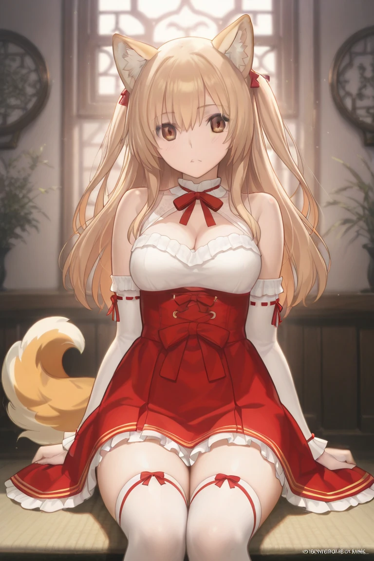 highest quality、smile、Big Breasts、Cleavage、Fox ears、Long blonde、Red Eye、mini skirt、Knee socks、Angle from below、Private room