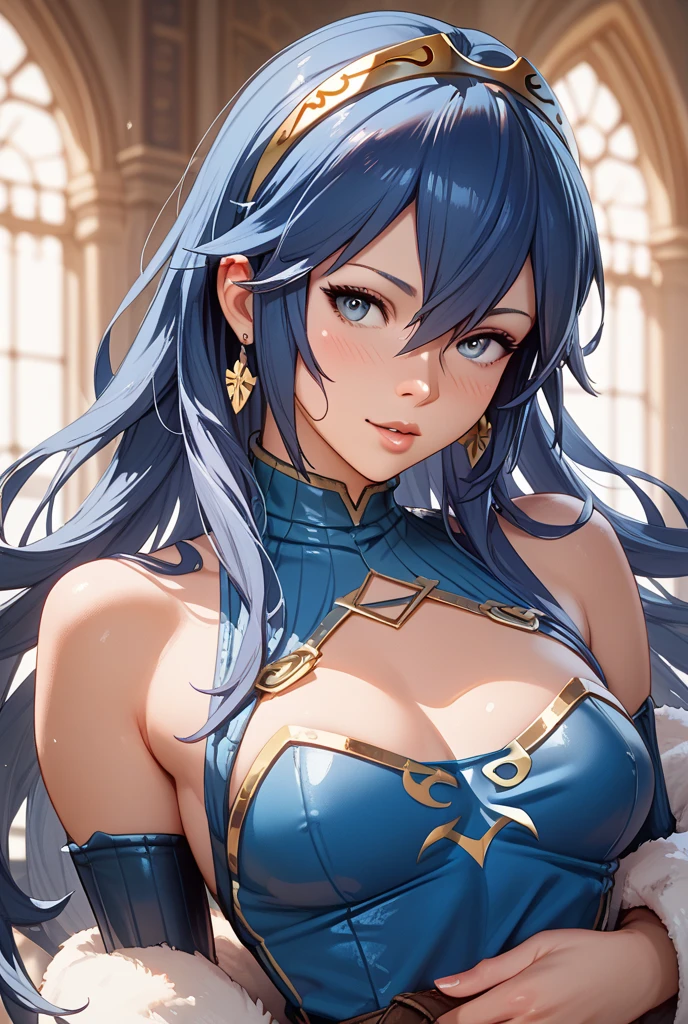beautiful alluring knight woman, blue skimpy metal bikini armor, black leather straps, baroque armor with golden floral ornaments, long lush curly brown hair, blue eyes, fantasy Theme, Fiverr Dnd Character, Octane Render, Digital Art, Extreme Detail, 4k, Ultra Hd, Polished, Beautiful, Hyperdetailed, Intricate, Elaborate, Meticulous, Photorealistic, Sharp Focus, Wlop, Character Design, Unreal Engine, 3d Rendered, Volumetric Lighting, Reflections, Glossy, Digital Illustration, Sensual Pose, Suggestive Pose, ????, Full Body Shot, anatomically correct, pierced nipples, 💖❤💕💋❣