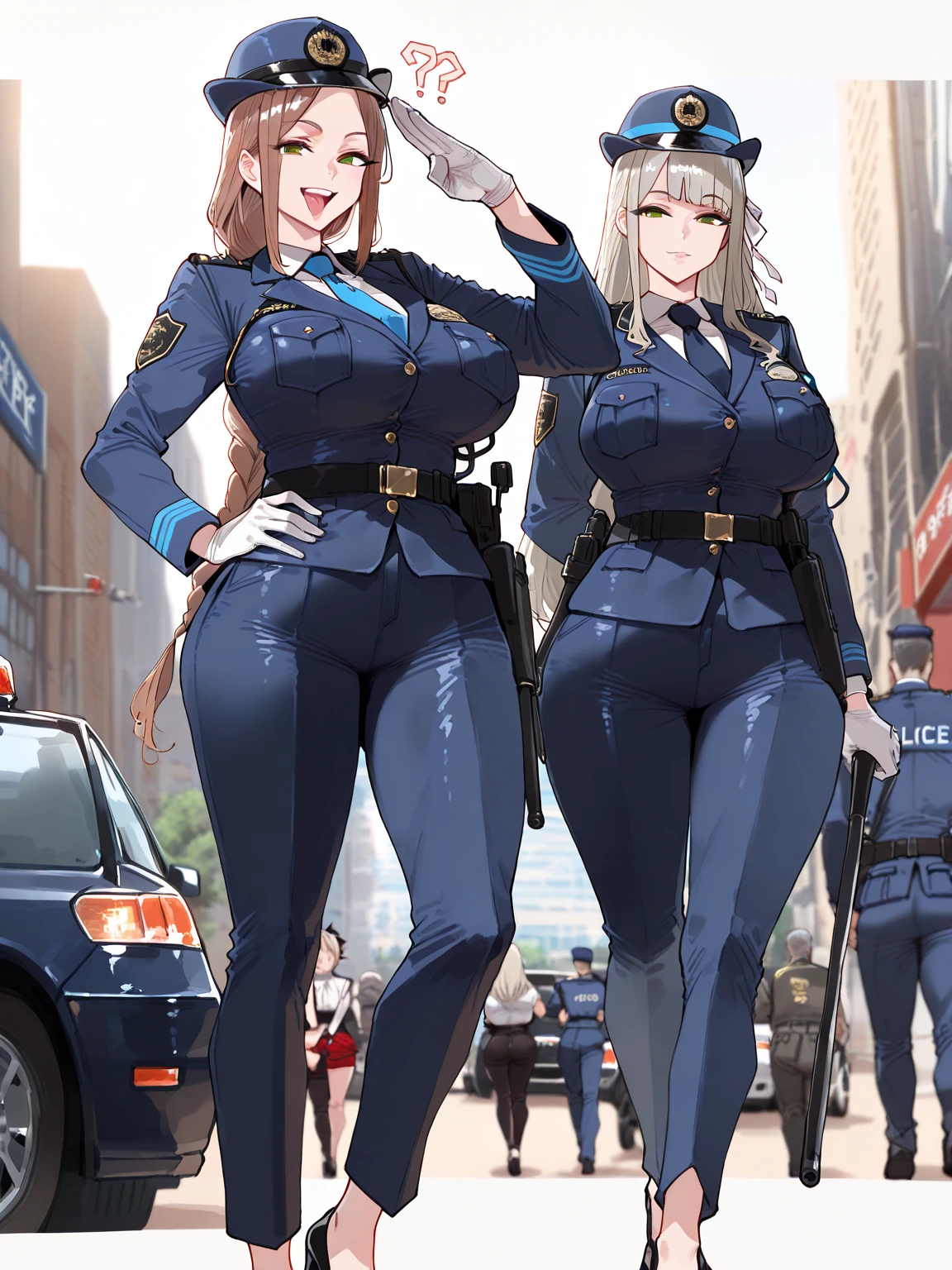 （8K ，Ultra-detailed，Super real photoest masterpiece，Nature，perfect work of art，perfect female body），two women，Sister and sister， sisters，rainbow hair，（huge tits），neighbor wife，woman hairstyle，elegant wife，At the police station，Exquisite and ，wearing police officer uniform，police uniform，super short thong，穿着低胸露肩police uniform，T-shaped small，huge tits big，naked leg，full body shoastic muscles，raised raised raised，Obscenity exposed ，