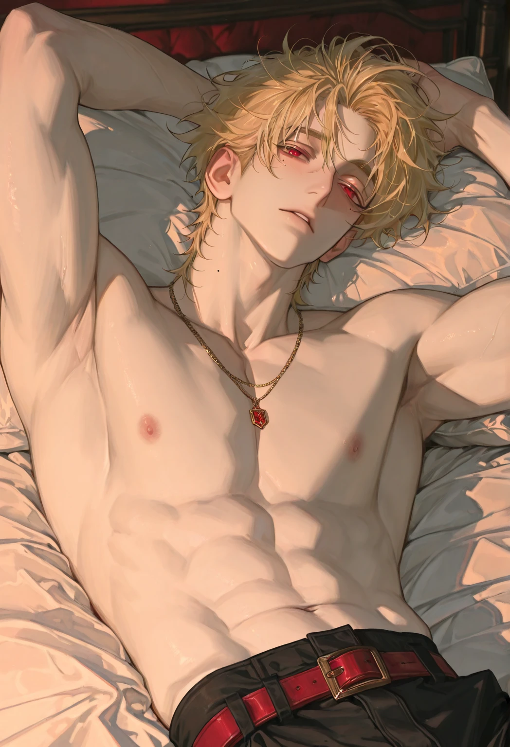 Muscular bakugou katsuki laying down on a mattress top view, relaxed expression, naked penis , muscular pecs and washboard abs, sweating heavily, wristwatch, necklace, rose petals on body, round tainted glasses