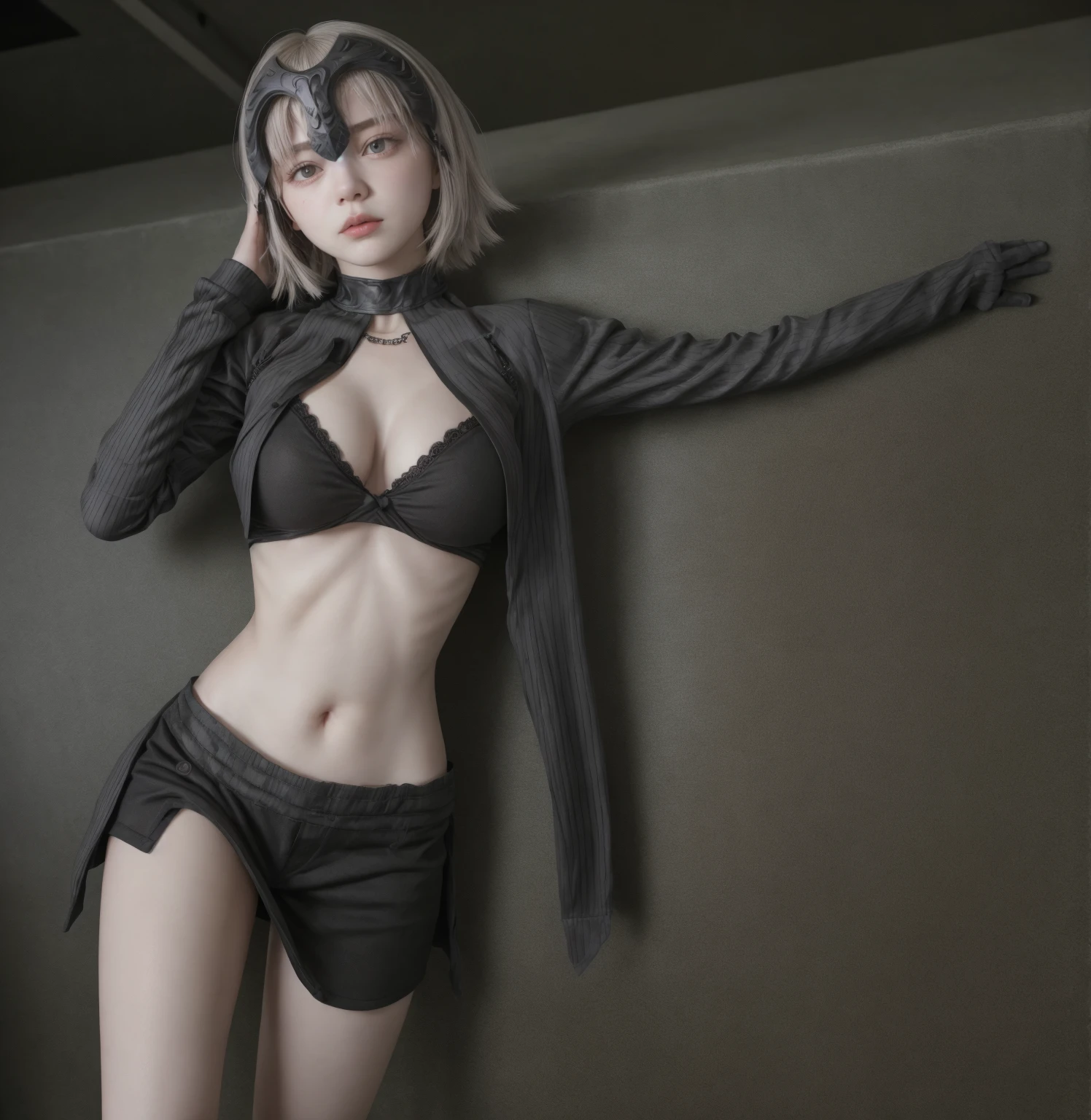 ((((masterpiece, best quality, high resolution)))), (1girl:1.5), ((short silky hair, white hair, purple eyes, sharp eyes, choker)), (medium breasts:1.2), blush, (cheeky smile, parted lips), glow, thighs, bare shoulders, collarbone, narrow waist, (slender body figure), (beautiful detailed face, beautiful detailed eyes), ((sports bra)), (standing up), looking at viewer, nighttime, bedroom, (cowboy shot)