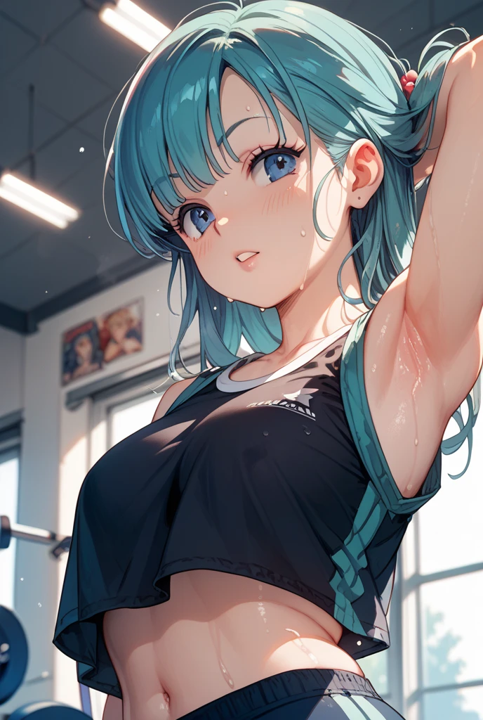 ((8k, Highest quality, masterpiece: 1.3)),Ultra-high resolution,(1 girl, alone), (Color changing eyes, Ultra-detailed, Expressive brilliance, Glitter, Glowing Eyes), Highly detailed eyes, Highly detailed face, Random Hair, ((pastel colour)),A cheerful young woman with pastel mint-green hair styled into a simple ponytail, standing by her desk in her brightly lit bedroom during a sunny morning. She is dressed in a subtly sexy fitness trainer cosplay, wearing a sports bra and tight leggings. The camera captures her from a slightly low angle as she leans forward with her hands on her knees, emphasizing her cleavage with a confident, encouraging smile. The room is filled with natural sunlight, with a yoga mat on the floor, and a healthy, active atmosphere.