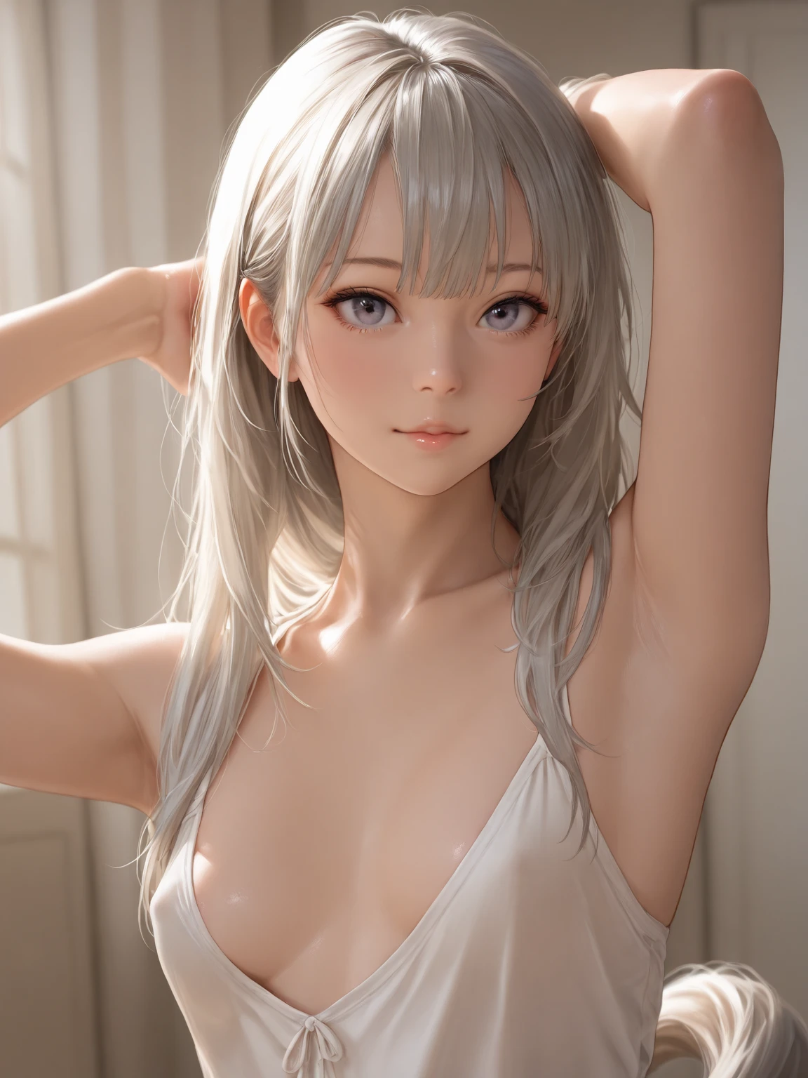 girl, medium breasts, blonde, silver hair, random look, random hairstyle
