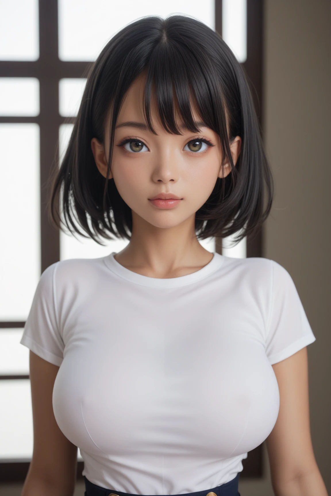 femele、Glamour、paparazzi shooting、ligh brown hair、bob cuts、((Eyes are hidden by bangs))、((Lolita))、((Colossal tits:1.2)), ((wearing white t-shirts)), 8K、high-level image quality、masutepiece、cowboy  shot、top-quality、hard disk、A highly detailed、Stereoscopic lighting、Photorealistic、((a wet body))、Rain-drenched body、Shiny body、pointed ??????、((Oiled body))、((Oily body))、((Shoot head-on))