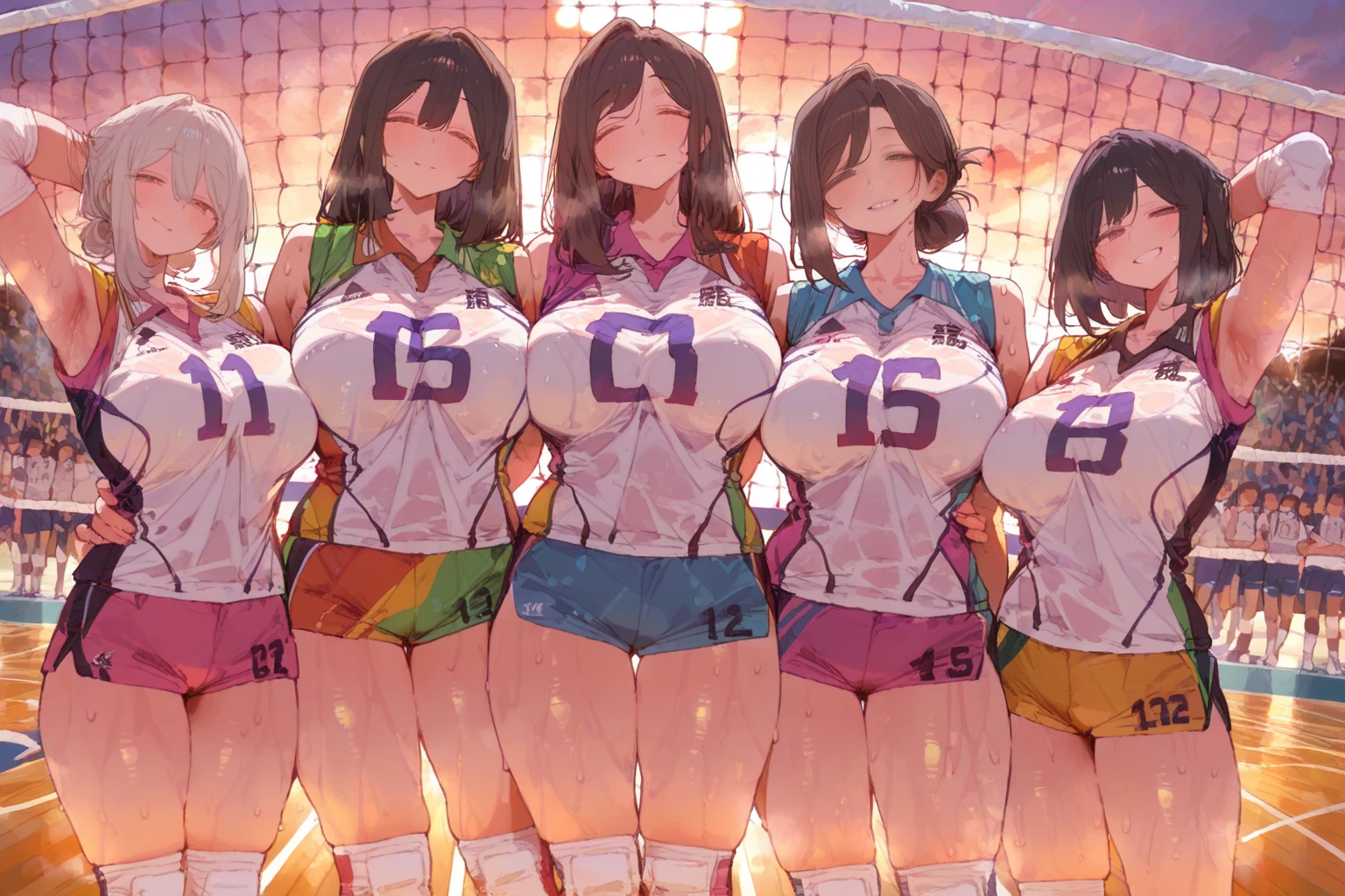 best quality, 4k, masterpiece, ultra-detailed, studio lighting, cheerful, vibrant expression, ((sexy volleyball player trio lined up)), gigantic breasts, cleavage of the breast, a blond, teats, thighs thighs thighs thighs, red uniform, very small uniform, uniform was wet, Dark skin, ladies, Brown hair, curvy body, ((sfw:1.3)), anime cels style,