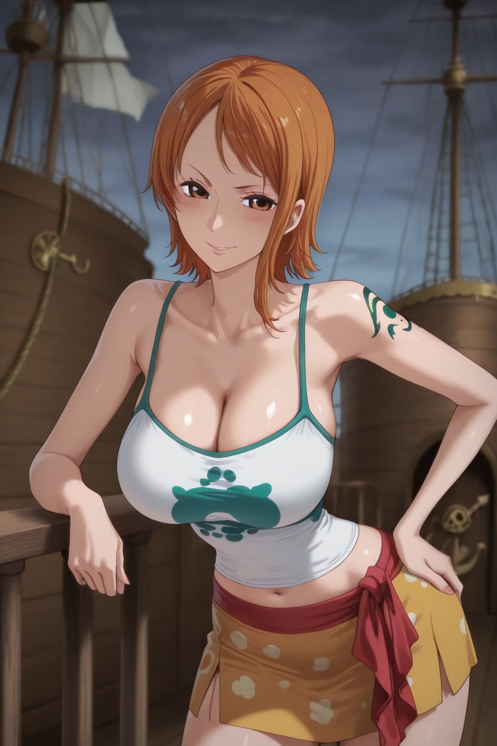 nami_\(one_piece\), 1girl, solo, standing, (huge massive breasts), blue camouflage_bikini, micro_bikini, lowleg, lowleg_pants, (brown_pants), cargo_pants, groin, skin_tight, belt, cameltoe, bare_shoulders, skindentation,
embarrassed, smile, brown_eyes, orange_hair, short_hair, blurry_background,
beach, ocean, clouds, forest,