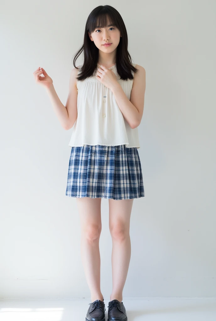 (One Girl:1.3), short hair, Japanese high school students, Great face and eyes, Looking into the camera, A joyful smile、Showing teeth、 (Highest quality:1.4), Very detailed CG 統合 8k 壁紙, Very detailed, High-resolution RAW color photos, Professional photography, Realistic full body shot, Studio shot、Plain Wallpaper, Portrait of sexy girl, Open appearance, (Look down, Watch with a viewer:1.0), (From below:1.0),(((topless))),Pleated skirt,Thighs